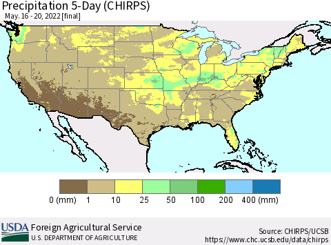 United States Precipitation 5-Day (CHIRPS) Thematic Map For 5/16/2022 - 5/20/2022