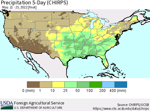United States Precipitation 5-Day (CHIRPS) Thematic Map For 5/21/2022 - 5/25/2022
