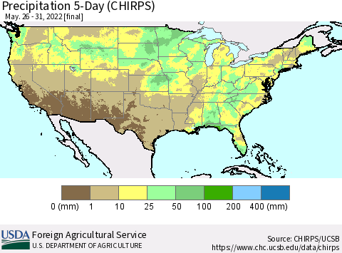 United States Precipitation 5-Day (CHIRPS) Thematic Map For 5/26/2022 - 5/31/2022