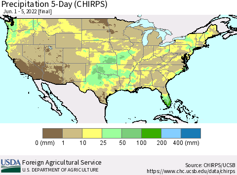 United States Precipitation 5-Day (CHIRPS) Thematic Map For 6/1/2022 - 6/5/2022