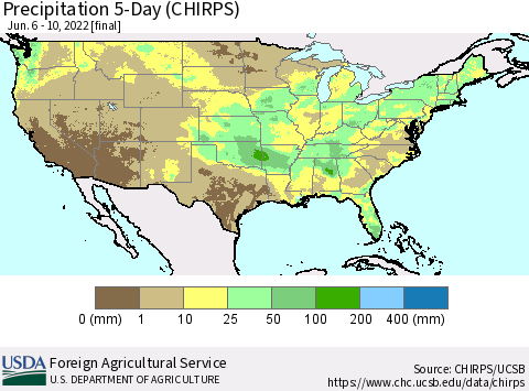 United States Precipitation 5-Day (CHIRPS) Thematic Map For 6/6/2022 - 6/10/2022
