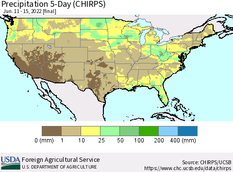 United States Precipitation 5-Day (CHIRPS) Thematic Map For 6/11/2022 - 6/15/2022