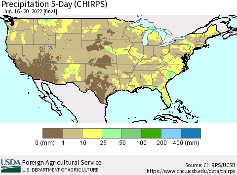 United States Precipitation 5-Day (CHIRPS) Thematic Map For 6/16/2022 - 6/20/2022