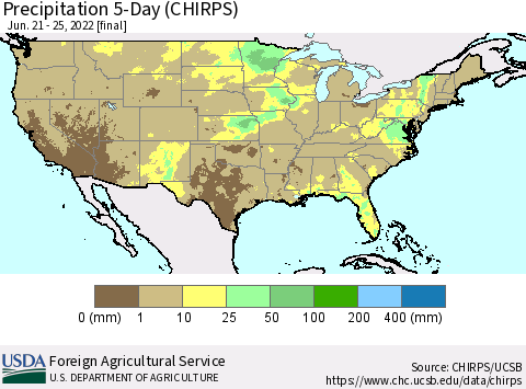 United States Precipitation 5-Day (CHIRPS) Thematic Map For 6/21/2022 - 6/25/2022