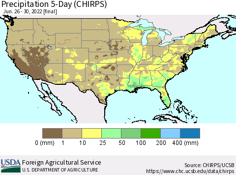 United States Precipitation 5-Day (CHIRPS) Thematic Map For 6/26/2022 - 6/30/2022
