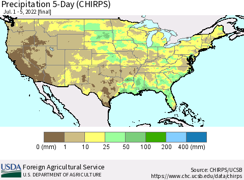United States Precipitation 5-Day (CHIRPS) Thematic Map For 7/1/2022 - 7/5/2022