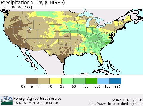 United States Precipitation 5-Day (CHIRPS) Thematic Map For 7/6/2022 - 7/10/2022