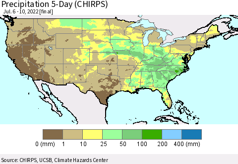 United States Precipitation 5-Day (CHIRPS) Thematic Map For 7/6/2022 - 7/10/2022