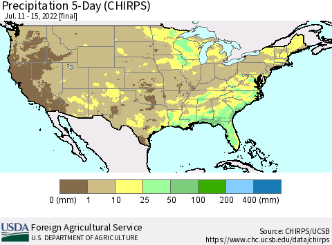 United States Precipitation 5-Day (CHIRPS) Thematic Map For 7/11/2022 - 7/15/2022