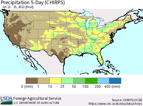 United States Precipitation 5-Day (CHIRPS) Thematic Map For 7/21/2022 - 7/25/2022