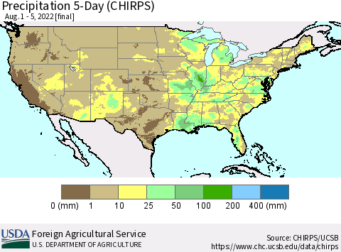 United States Precipitation 5-Day (CHIRPS) Thematic Map For 8/1/2022 - 8/5/2022