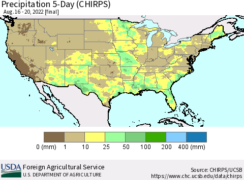 United States Precipitation 5-Day (CHIRPS) Thematic Map For 8/16/2022 - 8/20/2022