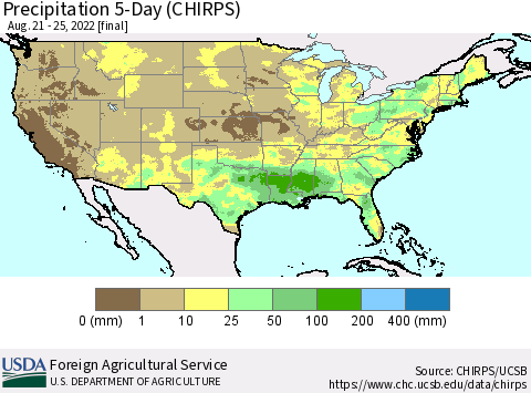 United States Precipitation 5-Day (CHIRPS) Thematic Map For 8/21/2022 - 8/25/2022