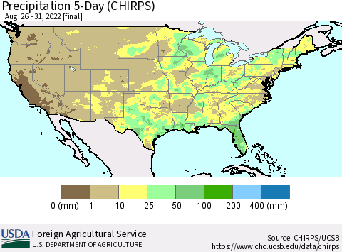 United States Precipitation 5-Day (CHIRPS) Thematic Map For 8/26/2022 - 8/31/2022