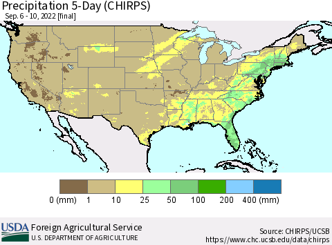 United States Precipitation 5-Day (CHIRPS) Thematic Map For 9/6/2022 - 9/10/2022