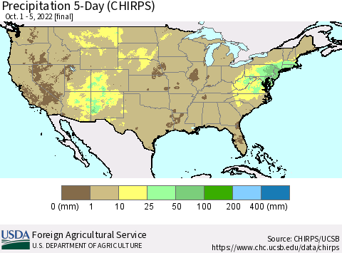 United States Precipitation 5-Day (CHIRPS) Thematic Map For 10/1/2022 - 10/5/2022