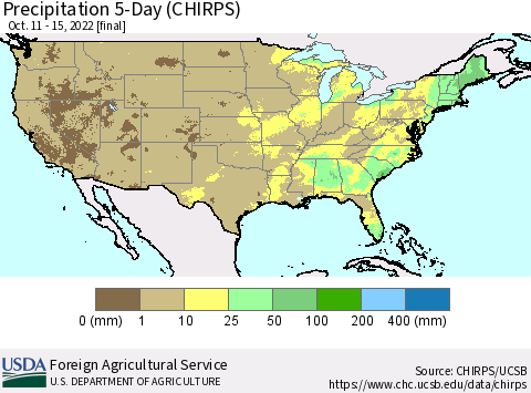 United States Precipitation 5-Day (CHIRPS) Thematic Map For 10/11/2022 - 10/15/2022