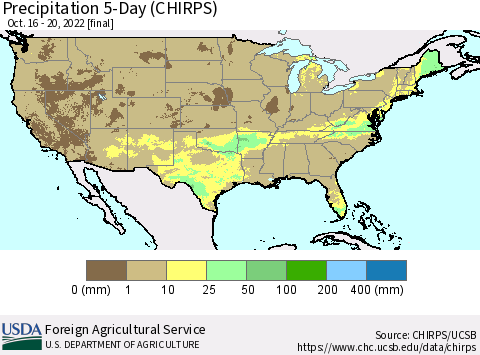 United States Precipitation 5-Day (CHIRPS) Thematic Map For 10/16/2022 - 10/20/2022