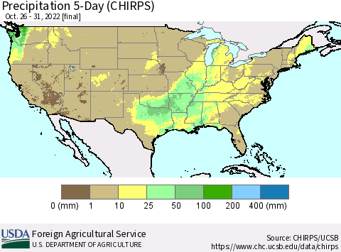 United States Precipitation 5-Day (CHIRPS) Thematic Map For 10/26/2022 - 10/31/2022