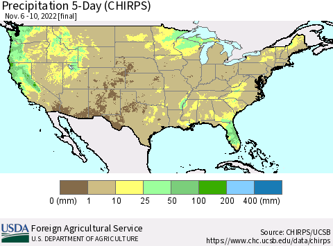 United States Precipitation 5-Day (CHIRPS) Thematic Map For 11/6/2022 - 11/10/2022