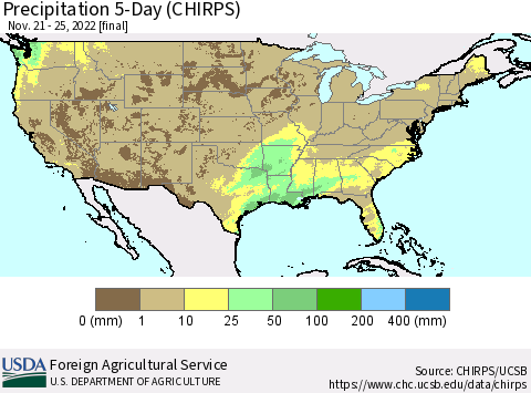 United States Precipitation 5-Day (CHIRPS) Thematic Map For 11/21/2022 - 11/25/2022