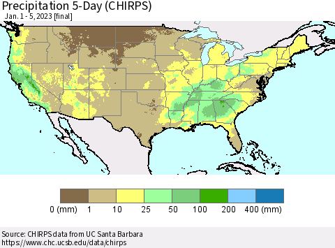 United States Precipitation 5-Day (CHIRPS) Thematic Map For 1/1/2023 - 1/5/2023