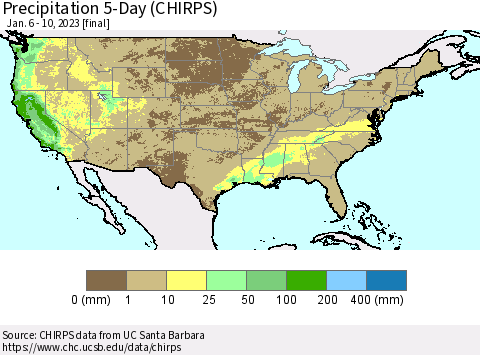 United States Precipitation 5-Day (CHIRPS) Thematic Map For 1/6/2023 - 1/10/2023