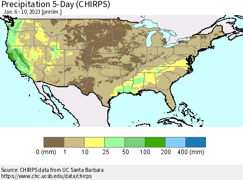United States Precipitation 5-Day (CHIRPS) Thematic Map For 1/6/2023 - 1/10/2023