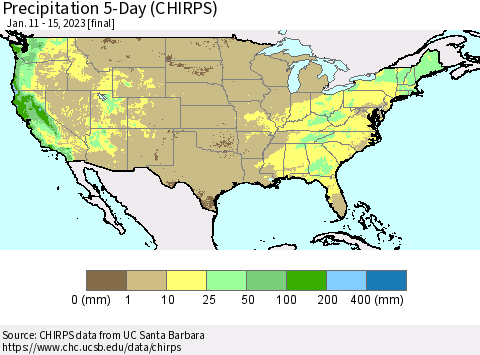 United States Precipitation 5-Day (CHIRPS) Thematic Map For 1/11/2023 - 1/15/2023