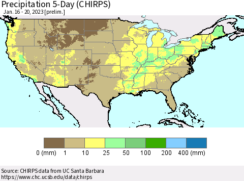 United States Precipitation 5-Day (CHIRPS) Thematic Map For 1/16/2023 - 1/20/2023