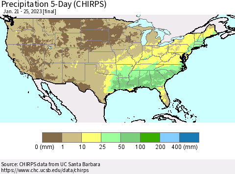 United States Precipitation 5-Day (CHIRPS) Thematic Map For 1/21/2023 - 1/25/2023