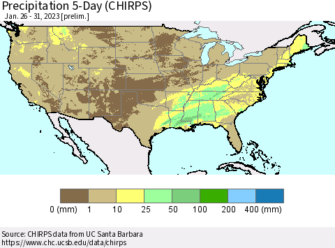 United States Precipitation 5-Day (CHIRPS) Thematic Map For 1/26/2023 - 1/31/2023