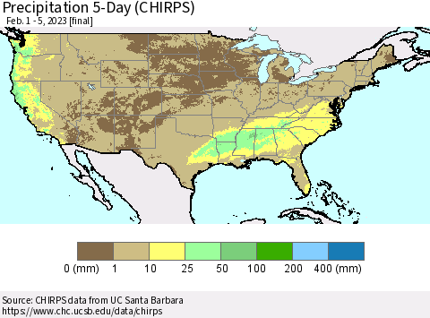 United States Precipitation 5-Day (CHIRPS) Thematic Map For 2/1/2023 - 2/5/2023