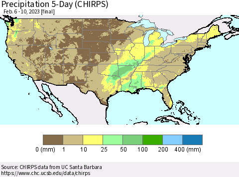 United States Precipitation 5-Day (CHIRPS) Thematic Map For 2/6/2023 - 2/10/2023