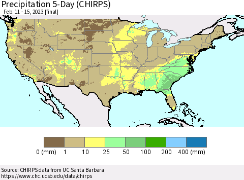 United States Precipitation 5-Day (CHIRPS) Thematic Map For 2/11/2023 - 2/15/2023
