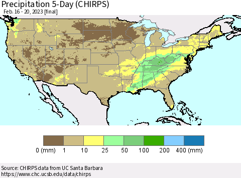 United States Precipitation 5-Day (CHIRPS) Thematic Map For 2/16/2023 - 2/20/2023