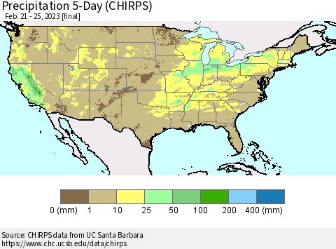 United States Precipitation 5-Day (CHIRPS) Thematic Map For 2/21/2023 - 2/25/2023