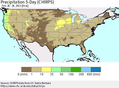 United States Precipitation 5-Day (CHIRPS) Thematic Map For 2/26/2023 - 2/28/2023