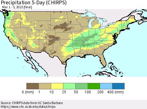 United States Precipitation 5-Day (CHIRPS) Thematic Map For 3/1/2023 - 3/5/2023