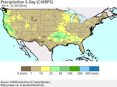 United States Precipitation 5-Day (CHIRPS) Thematic Map For 3/6/2023 - 3/10/2023