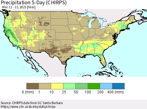 United States Precipitation 5-Day (CHIRPS) Thematic Map For 3/11/2023 - 3/15/2023