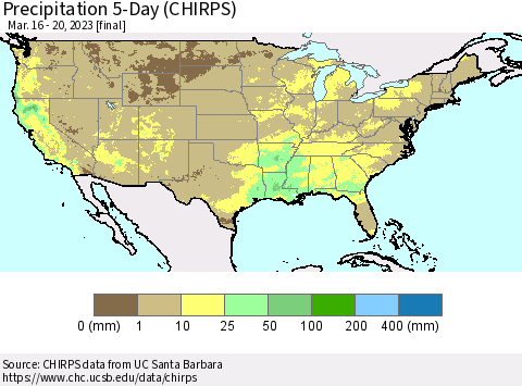 United States Precipitation 5-Day (CHIRPS) Thematic Map For 3/16/2023 - 3/20/2023