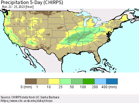 United States Precipitation 5-Day (CHIRPS) Thematic Map For 3/21/2023 - 3/25/2023