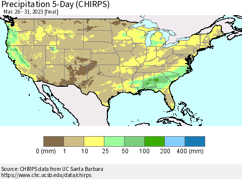 United States Precipitation 5-Day (CHIRPS) Thematic Map For 3/26/2023 - 3/31/2023