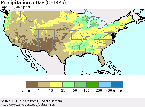 United States Precipitation 5-Day (CHIRPS) Thematic Map For 4/1/2023 - 4/5/2023