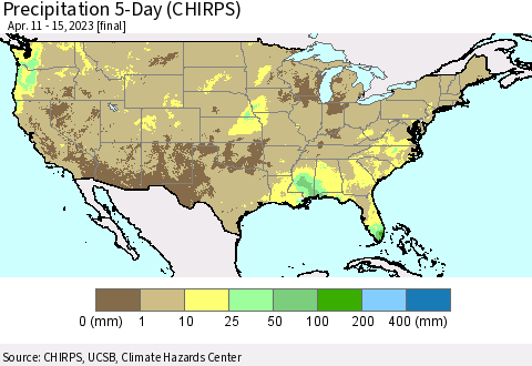 United States Precipitation 5-Day (CHIRPS) Thematic Map For 4/11/2023 - 4/15/2023