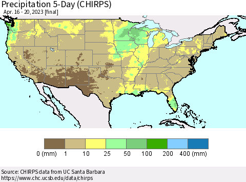 United States Precipitation 5-Day (CHIRPS) Thematic Map For 4/16/2023 - 4/20/2023