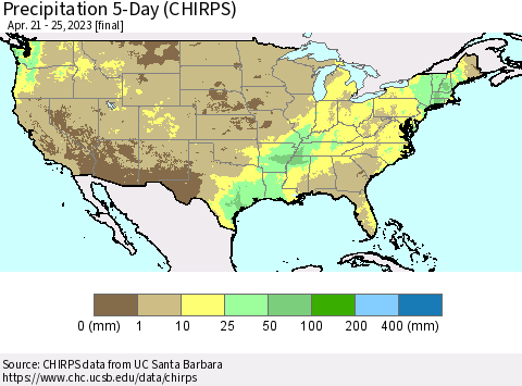 United States Precipitation 5-Day (CHIRPS) Thematic Map For 4/21/2023 - 4/25/2023