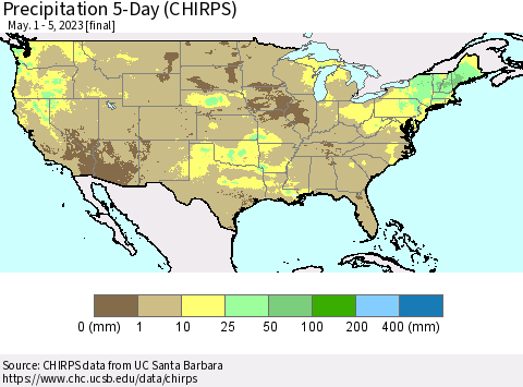 United States Precipitation 5-Day (CHIRPS) Thematic Map For 5/1/2023 - 5/5/2023