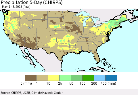 United States Precipitation 5-Day (CHIRPS) Thematic Map For 5/1/2023 - 5/5/2023